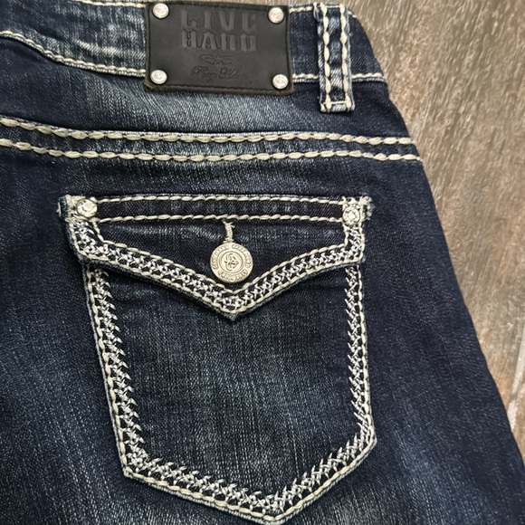 Live Hard Play Hard Design Silver Rhinestone Bootcut Mid-Rise Jeans Sz 30 L 36 - Picture 2 of 13